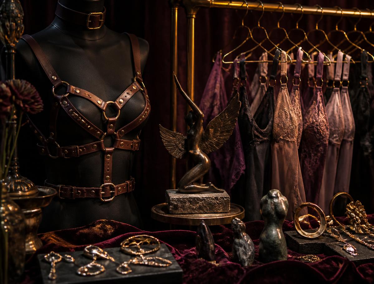 Market stall with handmade harnesses, lingerie, sculpture and jewellery on velvet